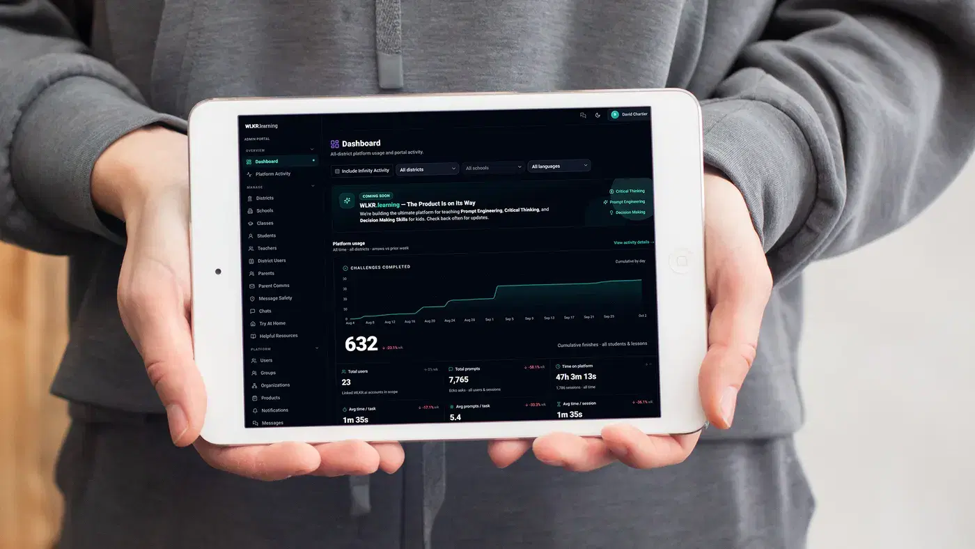 Tablet displaying the WLKR.learning teacher reporting dashboard with student progress