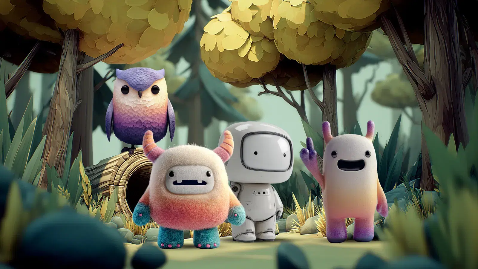 WLKR.learning characters gathered on a sunlit forest path — educator product overview
