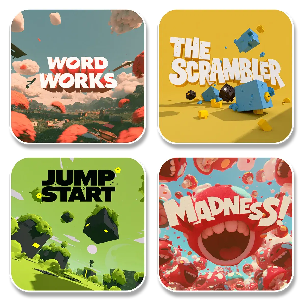 WLKR challenge tiles showing Word Works, The Scrambler, Jump Start, and Madness learning games