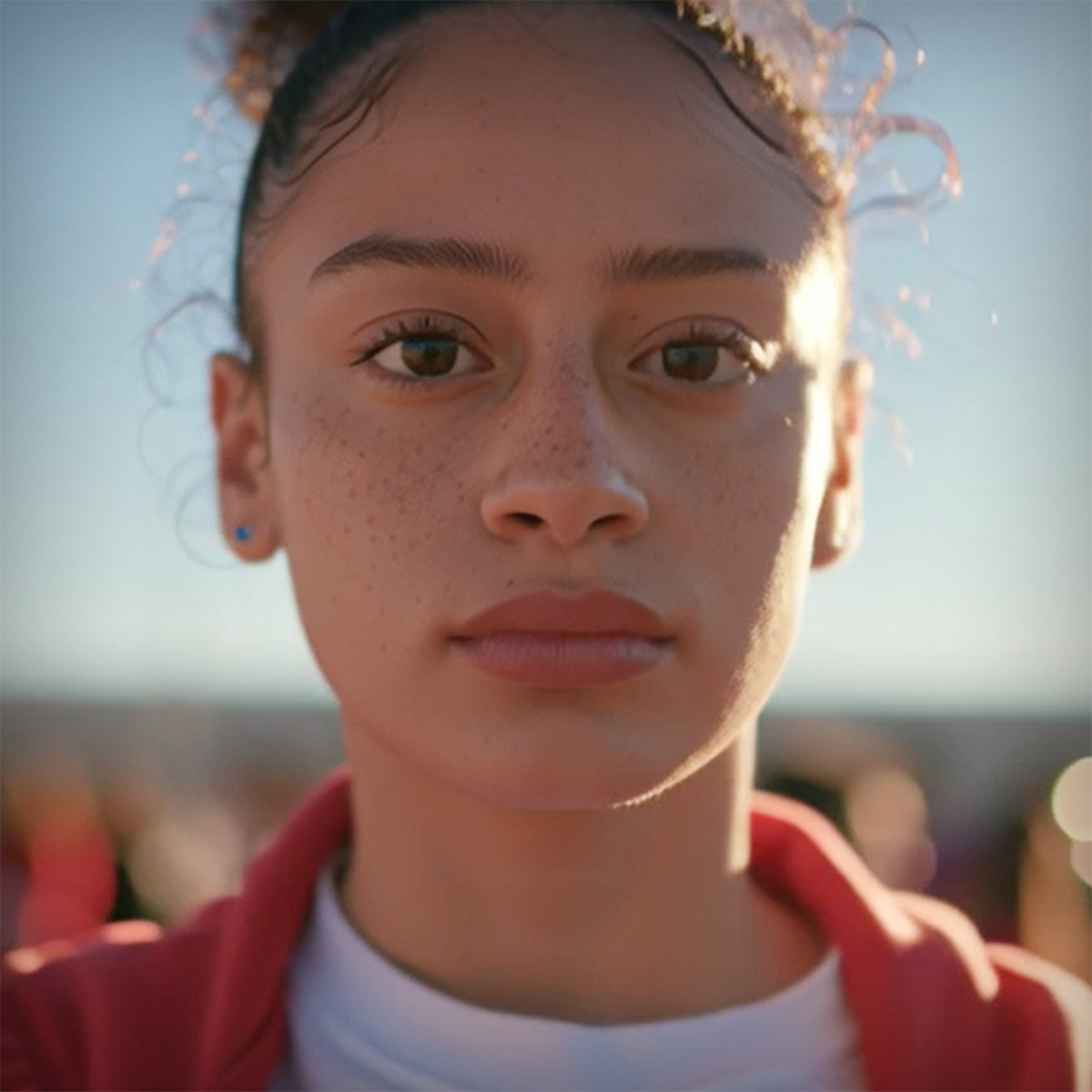 Middle school student in a red jacket looking toward the camera during classroom learning about AI and critical thinking